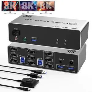 AUTYUE  DP1.4 Triple Monitor KVM Switch 8K@60Hz, Extended and Copy Mode, 2 in 3 Out Displayport KVM Switch for 2 Computers Share 3 Monitors & 3 USB 3.0 Devices&Audio Microphone with Desktop Controller