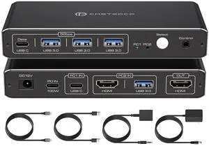 AUTYUE KVM Switch 1 Monitors 2 Computers 4K@60Hz USB C HDMI KVM Switch 2 Port for 1 Laptop 1 Desktop Share 1 Monitor Keyboard Mouse Hard Drives Printer Support 100W Charging for Laptop