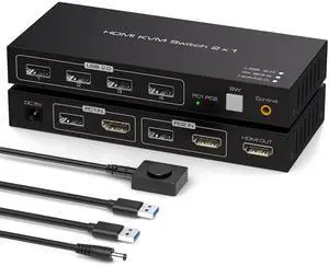 AUTYUE 4K@60Hz HDMI KVM Switch 1 Monitors 2 Computers, 2 Ports HDMI KVM Switches for 2 Computers Sharing Monitor Keyboard Mouse Hard Drives Printer with Two USB Cables and Wired Controller