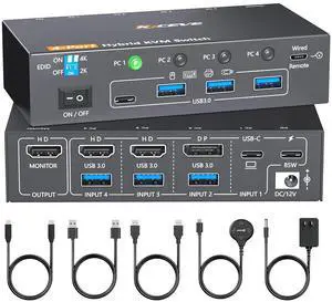 AUTYUE 4K KVM Switch 1 Monitors 4 Computers USB-C HDMI DP, EDID Emulator USB 3.0 KVM Switch 4 Port 4K@60Hz for 4 Computer Share Keyboard Mouse and 1 HDMI Monitor, with Power Adapter and Wired Remote
