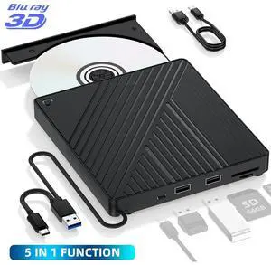 AUTYUE Ultra-Portable 5-in-1 External Blu-ray Drive, USB 3.0 & USB-C DVD/CD Burner, BD Reader with Dual USB-A Ports & SD/TF Card Readers  Seamless Laptop/PC Compatibility for Windows, Mac, Linux