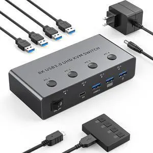 AUTYUE USB 3.0 HDMI KVM Switch 4 Computers 1 Monitor, 8K@60Hz HDMI KVM Switches for 4 Computers Share 1 Monitor, 4 in 1 Out HDMI KVM Switch with 3 USB 3.0 and 1 USB-C Ports Share Keyboard Mouse