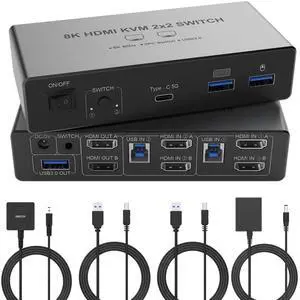 AUTYUE 8K@60Hz HDMI KVM Switch 2 Monitors 2 Computers, Aluminum KVM Switch with 4 USB 3.0 Ports for 2 Computers Sharing 2 Monitors Keyboard Mouse Printer with 2 USB Cables/Power Adapter/Controller