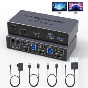AUTYUE HDMI+DisplayPort Dual Monitor KVM Switch for 2 Computers 2 Monitors, Aluminum 8K@60Hz KVM Switch for 2 PC Share 2 Monitors and 4 USB 3.0 Ports, Support Extended/Copy Mode, with Wired Controller