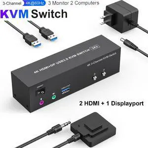 AUTYUE 4K KVM Switch 3 Monitors 2 Computers, Triple Monitor Displayport + 2 HDMI USB 3.0 KVM Switches 4K@60Hz,Support Extended/Mirror Mode Share 3 USB 3.0 Ports with Desktop Controller & Power Adapter