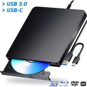 AUTYUE External Blu ray Drive for laptops, Portable DVD Player Read/Write, USB 3.0 Type-C External CD DVD Burner Bluray Burner, blu ray Player, External CD/DVD Optical Drive for pc, Windows 7-11 & Mac