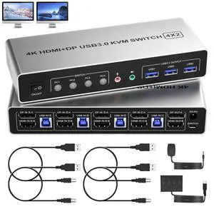 AUTYUE Displayport + HDMI KVM Switch 2 Monitors 4 Computers - 4K@60Hz Dual Monitor KVM Switch for 4 Computers Share 2 Monitors & 3 USB 3.0 Ports/Audio/Mic, HDMI DP KVM Switches 
for 4 PC 3 USB Devices