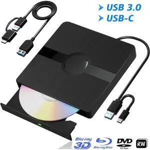AUTYUE External Blu Ray Drive, USB 3.0 and Type-C Blu Ray Drive with Extension Data Cable, Portable Blu Ray DVD/CD/BD Player, 3D Optical Bluray Drive Compatible With Window MacOS Laptop Desktop PC