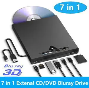 AUTYUE External Blu Ray Drive for Laptop, 7 in 1 Support 100G Disc Read/Write Bluray Drives, Portable External Bluray/DVD Drive for PC with USB 3.0 Type-C, 3D Blu Ray Burner with Bag for Windows MacOS