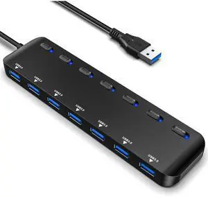 AUTYUE USB 3.0 hub, 7 ports USB Hub, Multi USB 3.0, SuperSpeed 5 Gbit/s, USB adapter with 7 switches and individual indicators, compatible with Windows, Mac OS, Linux and other operating systems