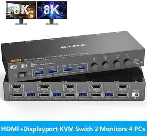 AUTYUE KVM Switch 2 Monitors 4 Computers 8K@60Hz 4K@144Hz, 4 Ports HDMI + Displayport KVM Switch for 4 PC Share 2 Monitors, Keyboard Mouse, Support Extended/Copy Mode, with Wired Remote & 4 USB Cables