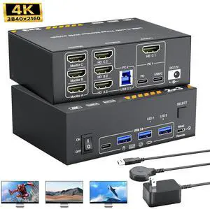 AUTYUE Triple Monitor USB C HDMI KVM Switch for 3 Monitors 1 Laptop & 1 Desktop,USB C HDMI 3 Monitor Docking Station KVM Switches with 4 USB 3.0 Port, 87W PD Charging, Wired Remote and Power Adapter
