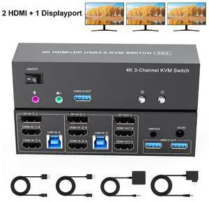 AUTYUE KVM Switch 3 Monitors 2 Computers, Displayport + 2 HDMI Triple Monitor USB 3.0 KVM Switches 4K@60Hz,Support Extended/Mirror Mode Share 3 USB 3.0 Ports with Desktop Controller, Adapter Included