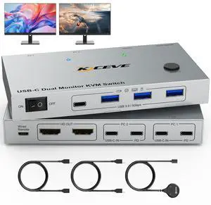 AUTYUE KVM Switch 2 Monitors 2 Laptops USB C, 4K@60Hz 2 Port USB C Dual Monitor HDMI KVM Switch for 2 Laptops Share 4 USB 3.0 Devices with 80W PD,Wired Remote and Cables Included