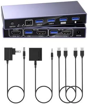 AUTYUE 2 Port HDMI KVM Switch 1 Monitor 2 Computers, 8K@60Hz USB 3.0 KVM Switcher with 4 USB Ports for 2 Computers Share Keyboard Mouse Printer, Include Desktop Controller, 2 USB Cables&Power Adapter