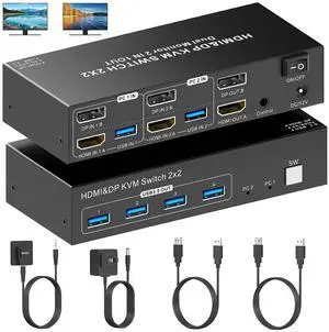 AUTYUE Dual Monitor HDMI + Displayport KVM Switch- 4K@60Hz, HDMI+DP (Displayport) Dual Monitor KVM Switch for 2 Computers 2 Monitors with 4 USB 3.0 Ports, Wired Remote & 2 USB 3.0 Cables Included