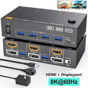 AUTYUE HDMI + Displayport KVM Switch 2 Monitors 2 Computers, 8K@60Hz/4K@144Hz DP + HDMI KVM Switch for 2 PC Sharing 2 Monitors, Keyboard, Mouse, with USB3.0 Cables, Wired Controller and Power Adapter