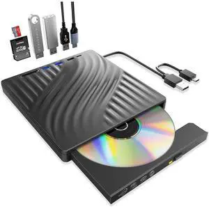 AUTYUE 6 in 1 Multi-Function External CD/DVD Drive with 3 USB A, 1 USB C & SD Card Reader, Portable DVD Player Burning Dual Interface USB-C/USB 3.0 for Laptop, Desktop, with Windows 7/8/10/11 MacOS
