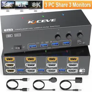 AUTYUE HDMI Displayport KVM Switch 3 Monitors 3 Computers, 8K@60Hz/4K@144Hz KVM Switch for 3 Computers Sharing 3 HDMI Monitors, Keyboard, Mouse, with 3 USB Cables, Wired Controller and Power Adapter