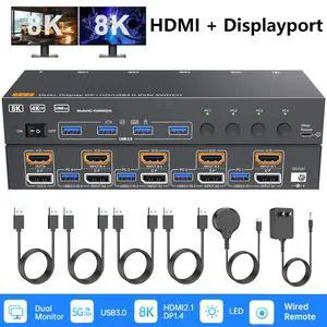 AUTYUE HDMI + Displayport KVM Switch 4 Computers 2 Monitors, 8K@60Hz/4K@144Hz Dual Monitor KVM Switch 4 Port for 4 PCs Share 2 Monitors, with 4 USB 3.0 Ports, USB Cables, Power Adapter & Wired Remote