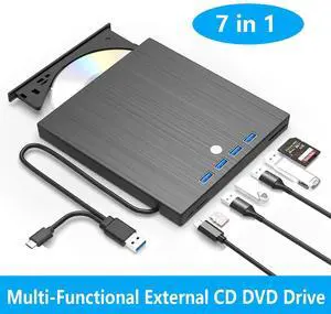 AUTYUE External CD DVD Drive, 7 in 1 USB 3.0 and Type-C Disc Reader Writer Burner Player,Slim and Portable CD DVD +/-RW Optical Drive for PC Laptop Desktop MacBook, Windows 11, 10, 8.1, 7,Linux Mac OS