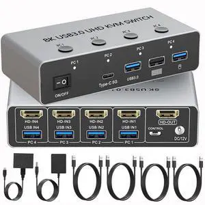 AUTYUE 8K@60Hz 4 Ports HDMI KVM Switch for 4 Computers Share 1 Monitor, 4 in 1 Out HDMI Switcher with USB 3.0 & USB-C Hub, Premium Aluminum Body, Wired Remote, for Mac Windows Linux, and Chrome OS