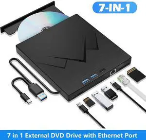 AUTYUE 7 in 1 External CD/DVD Drive For Laptop With LAN PORT, Portable DVD Player For Laptop with Ethernet Adapter USB & SD/TF Ports, USB 3.0/Type C External CD DVD Drive For PC Windows Linux MacOS AUTYUE 7 in 1 External CD/DVD Drive For Laptop With LAN PORT, Portable DVD Player For Laptop with Ethernet Adapter USB & SD/TF Ports, USB 3.0/Type C External CD DVD Drive For PC Windows Linux MacOS