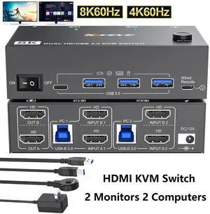 AUTYUE 8K HDMI KVM Switch 2 Monitors 2 Computers 8K@60Hz, USB 3.0 Dual Monitor HDMI KVM Switch for 2 Computer Share 2 Monitors and 4 USB 3.0 Port,Wired Remote,12V Power Adapter and USB Cable Included AUTYUE 8K HDMI KVM Switch 2 Monitors 2 Computers 8K@60Hz, USB 3.0 Dual Monitor HDMI KVM Switch for 2 Computer Share 2 Monitors and 4 USB 3.0 Port,Wired Remote,12V Power Adapter and USB Cable Included