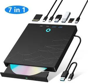 AUTYUE External CD/DVD Drive for Laptop, DVD Burner CD Reader, 7-in-1 USB 3.0 Type C Portable CD Players with 4 USB Ports & SD/TF Ports, External Disk Drive Optical for Windows 11 10 PC Linux Mac OS AUTYUE External CD/DVD Drive for Laptop, DVD Burner CD Reader, 7-in-1 USB 3.0 Type C Portable CD Players with 4 USB Ports & SD/TF Ports, External Disk Drive Optical for Windows 11 10 PC Linux Mac OS