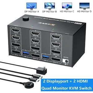 AUTYUE Quad Monitor KVM Switch 4 Monitors 2 Computers 4K120Hz/8K@30Hz, USB 3.0 2 HDMI + 2 DP KVM Switch for 2 PC Share 4 Monitors & Keyboard Mouse,with Wired Remote & USB Cables, Input 2 HD+2 DP Ports AUTYUE Quad Monitor KVM Switch 4 Monitors 2 Computers 4K120Hz/8K@30Hz, USB 3.0 2 HDMI + 2 DP KVM Switch for 2 PC Share 4 Monitors & Keyboard Mouse,with Wired Remote & USB Cables, Input 2 HD+2 DP Ports