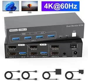 AUTYUE Dual Monitor KVM Switch 2 Monitors 2 Computers, 4K@60Hz 2 Ports HDMI + Displayport KVM Switches for 2 PC Share Mouse Keyboard and 2 Screens with 4 USB 3.0 Cables and Extended Controller AUTYUE Dual Monitor KVM Switch 2 Monitors 2 Computers, 4K@60Hz 2 Ports HDMI + Displayport KVM Switches for 2 PC Share Mouse Keyboard and 2 Screens with 4 USB 3.0 Cables and Extended Controller