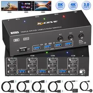 AUTYUE KVM Switch 3 Monitors 3 Computers 8K@60Hz 4K@144Hz, HDMI + 2 Dispalyport Triple Monitor KVM Switches with 4 USB 3.0 Ports, Support Extended/Mirror Mode, Wired Controller and USB 3.0 Cables AUTYUE KVM Switch 3 Monitors 3 Computers 8K@60Hz 4K@144Hz, HDMI + 2 Dispalyport Triple Monitor KVM Switches with 4 USB 3.0 Ports, Support Extended/Mirror Mode, Wired Controller and USB 3.0 Cables