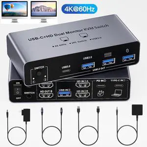 AUTYUE USB C HDMI KVM Switch 4K@60Hz,Dual Monitor USB C HDMI KVM Switch for 1 PC and 1 Laptop Sharing 2 Monitor and 4 USB Devices, PD Power for Laptop with Wired Remote and USB A/C Cables Included AUTYUE USB C HDMI KVM Switch 4K@60Hz,Dual Monitor USB C HDMI KVM Switch for 1 PC and 1 Laptop Sharing 2 Monitor and 4 USB Devices, PD Power for Laptop with Wired Remote and USB A/C Cables Included