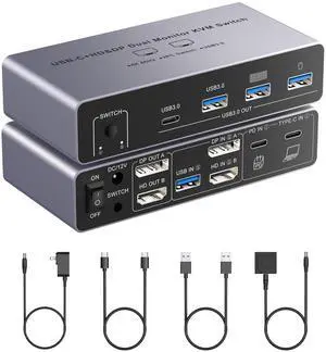 AUTYUE HDMI + DP Dual Monitor KVM Switch 2 Monitors 1 Desktop Computer &1 Laptop 4K@60Hz, Expandable 1 HDMI Display & 1 DP Display, 3 USB 3.0 + 1 USB-C Port, PD 80W Power Supply. Includes USB-C Cable. AUTYUE HDMI + DP Dual Monitor KVM Switch 2 Monitors 1 Desktop Computer &1 Laptop 4K@60Hz, Expandable 1 HDMI Display & 1 DP Display, 3 USB 3.0 + 1 USB-C Port, PD 80W Power Supply. Includes USB-C Cable.