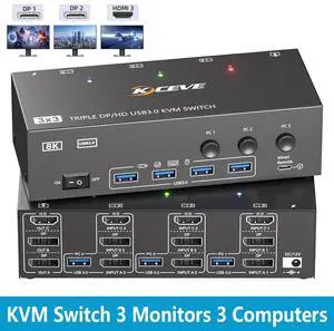 AUTYUE KVM Switch 3 Monitors 3 Computers 8K@60Hz 4K@144Hz, HDMI + 2 Displayport KVM Switcher Triple Monitor for 3 Computer Share 3 Monitor and 4 USB 3.0 Ports Support Extended Mode AUTYUE KVM Switch 3 Monitors 3 Computers 8K@60Hz 4K@144Hz, HDMI + 2 Displayport KVM Switcher Triple Monitor for 3 Computer Share 3 Monitor and 4 USB 3.0 Ports Support Extended Mode
