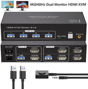 AUTYUE KVM Switch 2 Monitors 2 Computers 4K60Hz HDMI Dual Monitor KVM Switches for Dual PC Share 1 Set of Keyboard Mouse Printer Wired Controller 12V 1A DC Adapter and 2 USB 3.0 Cable Included AUTYUE KVM Switch 2 Monitors 2 Computers 4K60Hz HDMI Dual Monitor KVM Switches for Dual PC Share 1 Set of Keyboard Mouse Printer Wired Controller 12V 1A DC Adapter and 2 USB 3.0 Cable Included