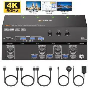 AUTYUE KVM Switch 3 Monitors 3 Computers 4K@60Hz, EDID Simulation, USB 3.0 HDMI Displayport KVM Switch Triple Monitor for 3 PC Share 3 Monitors and Keyboard Mouse, with Wired Remote & 3 USB Cables AUTYUE KVM Switch 3 Monitors 3 Computers 4K@60Hz, EDID Simulation, USB 3.0 HDMI Displayport KVM Switch Triple Monitor for 3 PC Share 3 Monitors and Keyboard Mouse, with Wired Remote & 3 USB Cables