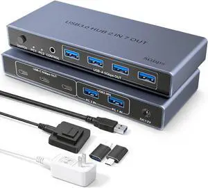 AUTYUE USB 3.0 Switch 2 in 7 Out, USB Switcher for 2 Computers Share 4 USB-A + 3 USB-C Devices - 5Gbps USB Switch Hub for Laptop Keyboard Mouse Printer with Controller, USB C Adapter, Power Adapter AUTYUE USB 3.0 Switch 2 in 7 Out, USB Switcher for 2 Computers Share 4 USB-A + 3 USB-C Devices - 5Gbps USB Switch Hub for Laptop Keyboard Mouse Printer with Controller, USB C Adapter, Power Adapter