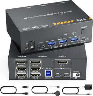 AUTYUE KVM Switch 3 Monitors MST USB-C & Triple HDMI USB Type-C Docking 4K@60Hz Triple Monitor KVM Switch for Laptop & Desktop PC, 100W PD Charging, with Type-C 3.1 Gen2 Cable and Wired Remote Control AUTYUE KVM Switch 3 Monitors MST USB-C & Triple HDMI USB Type-C Docking 4K@60Hz Triple Monitor KVM Switch for Laptop & Desktop PC, 100W PD Charging, with Type-C 3.1 Gen2 Cable and Wired Remote Control