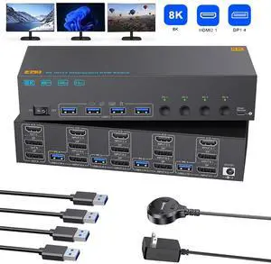 AUTYUE 8K KVM Switch 3 Monitors 4 Computers 8K@60Hz 4K@144Hz, HDMI+2 Displayport Triple Monitor KVM Switch with 4 USB 3.0 Ports for 4 PCs Share 3 Screens, Wired Remote and Power Adapter included AUTYUE 8K KVM Switch 3 Monitors 4 Computers 8K@60Hz 4K@144Hz, HDMI+2 Displayport Triple Monitor KVM Switch with 4 USB 3.0 Ports for 4 PCs Share 3 Screens, Wired Remote and Power Adapter included