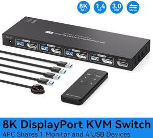 AUTYUE 8K@60Hz 4 Ports Displayport KVM Switch 4 Computers 1 Monitor, 4K@144Hz 4 in 1 Out DP KVM Switches Sharing 1 Monitor and 4 USB 3.0 Device with Controller Support Extended/Copy Mode AUTYUE 8K@60Hz 4 Ports Displayport KVM Switch 4 Computers 1 Monitor, 4K@144Hz 4 in 1 Out DP KVM Switches Sharing 1 Monitor and 4 USB 3.0 Device with Controller Support Extended/Copy Mode