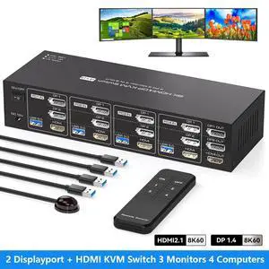AUTYUE 8K@60Hz KVM Switch 3 Monitors 4 Computers, 4K@144Hz 2 Displayport + HDMI Triple Monitor KVM Switch for 4 PC Sharing 3 Screens and 4 USB 3.0 Ports, Support Copy & Extended Mode,with Wired Remote AUTYUE 8K@60Hz KVM Switch 3 Monitors 4 Computers, 4K@144Hz 2 Displayport + HDMI Triple Monitor KVM Switch for 4 PC Sharing 3 Screens and 4 USB 3.0 Ports, Support Copy & Extended Mode,with Wired Remote