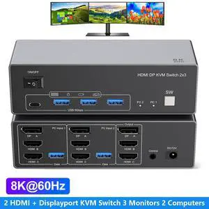 AUTYUE 8K@60Hz 2 HDMI + Displayport KVM Switch 3 Monitors 2 Computers, Aluminum 4K@144Hz KVM Switch with 4 USB 3.0 Ports for 2 Computer Share Triple Monitors with 2 USB Cables/Power Adapter/Controller AUTYUE 8K@60Hz 2 HDMI + Displayport KVM Switch 3 Monitors 2 Computers, Aluminum 4K@144Hz KVM Switch with 4 USB 3.0 Ports for 2 Computer Share Triple Monitors with 2 USB Cables/Power Adapter/Controller