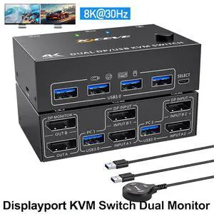AUTYUE 2 Ports Displayport KVM Switch 2 Monitors 2 Computers, 8K@30Hz 4K@144Hz Dual Monitor DP USB 3.0 KVM Switch 2 Computers Share 2 Monitors with 4 USB 3.0 Ports, with 2 USB Cables and Wired Remote AUTYUE 2 Ports Displayport KVM Switch 2 Monitors 2 Computers, 8K@30Hz 4K@144Hz Dual Monitor DP USB 3.0 KVM Switch 2 Computers Share 2 Monitors with 4 USB 3.0 Ports, with 2 USB Cables and Wired Remote