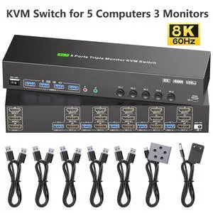 AUTYUE KVM Switch 3 Monitors 5 Computers HDMI + 2 DisplayPort, 8K@30Hz/4k@144Hz Three Monitor KVM Switcher, Triple Monitor KVM for 5 PCs Share 3 Monitors and 4 USB 3.0 Devices, with Wired Remote AUTYUE KVM Switch 3 Monitors 5 Computers HDMI + 2 DisplayPort, 8K@30Hz/4k@144Hz Three Monitor KVM Switcher, Triple Monitor KVM for 5 PCs Share 3 Monitors and 4 USB 3.0 Devices, with Wired Remote