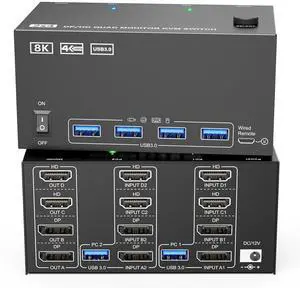 AUTYUE KVM Switch 4 Monitors 2 Computers, 2 HDMI + 2 DisplayPort Quad Monitors KVM Switch 2 in 4 Out, Support 8K@30Hz/4k@144Hz for 4 Computers Share 4 Displays & 4 USB 3.0 Devices, with Wired Remote AUTYUE KVM Switch 4 Monitors 2 Computers, 2 HDMI + 2 DisplayPort Quad Monitors KVM Switch 2 in 4 Out, Support 8K@30Hz/4k@144Hz for 4 Computers Share 4 Displays & 4 USB 3.0 Devices, with Wired Remote