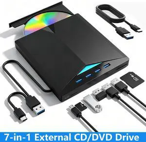 AUTYUE External CD DVD Drive for Laptop, USB 3.0 & Type-C Portable CD DVD +/-RW Burner Writer Reader with SD/TF Slot & 4 USB Ports, Slim Optical DVD Drive, CD Player for Windows 11/10/8/7/XP Linux Mac AUTYUE External CD DVD Drive for Laptop, USB 3.0 & Type-C Portable CD DVD +/-RW Burner Writer Reader with SD/TF Slot & 4 USB Ports, Slim Optical DVD Drive, CD Player for Windows 11/10/8/7/XP Linux Mac