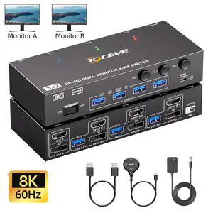 AUTYUE 8K@60Hz HDMI + Displayport Dual Monitor KVM Switch, 8K@60Hz 4K@144Hz KVM Switch for 3 Computers share 2 Monitors and 4 USB 3.0 Devices, Include Power Adapter, Wired Remote and 3 USB Cables AUTYUE 8K@60Hz HDMI + Displayport Dual Monitor KVM Switch, 8K@60Hz 4K@144Hz KVM Switch for 3 Computers share 2 Monitors and 4 USB 3.0 Devices, Include Power Adapter, Wired Remote and 3 USB Cables