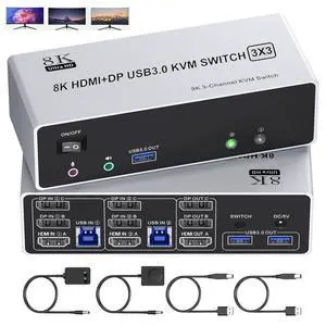AUTYUE KVM Switch 3 Monitors 2 Computers 4K@144Hz/8K@60Hz, USB 3.0 HDMI + 2 Dispalyport KVM Switch Triple Monitor for 2 PC Share 3 Monitors and Keyboard Mouse, Wired Remote and USB 3.0 Cables Included AUTYUE KVM Switch 3 Monitors 2 Computers 4K@144Hz/8K@60Hz, USB 3.0 HDMI + 2 Dispalyport KVM Switch Triple Monitor for 2 PC Share 3 Monitors and Keyboard Mouse, Wired Remote and USB 3.0 Cables Included