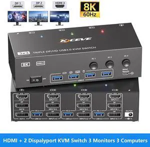 AUTYUE HDMI +2 Dispalyport KVM Switch 3 Monitors 3 Computers 8K@60Hz 4K@144Hz, Triple Monitor KVM Switches for 3 PC Share 3 Screens and 4 USB 3.0 Ports, Support Extended/Mirror Mode, with Wired Remote AUTYUE HDMI +2 Dispalyport KVM Switch 3 Monitors 3 Computers 8K@60Hz 4K@144Hz, Triple Monitor KVM Switches for 3 PC Share 3 Screens and 4 USB 3.0 Ports, Support Extended/Mirror Mode, with Wired Remote